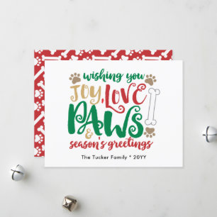 Joy Love Paws Dog Season's Greetings Red & Green Holiday Card