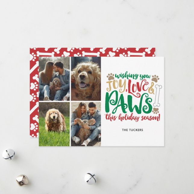 Joy Love Paws Happy Holidays Dog Red 4-Photo Holiday Card (Front/Back In Situ)