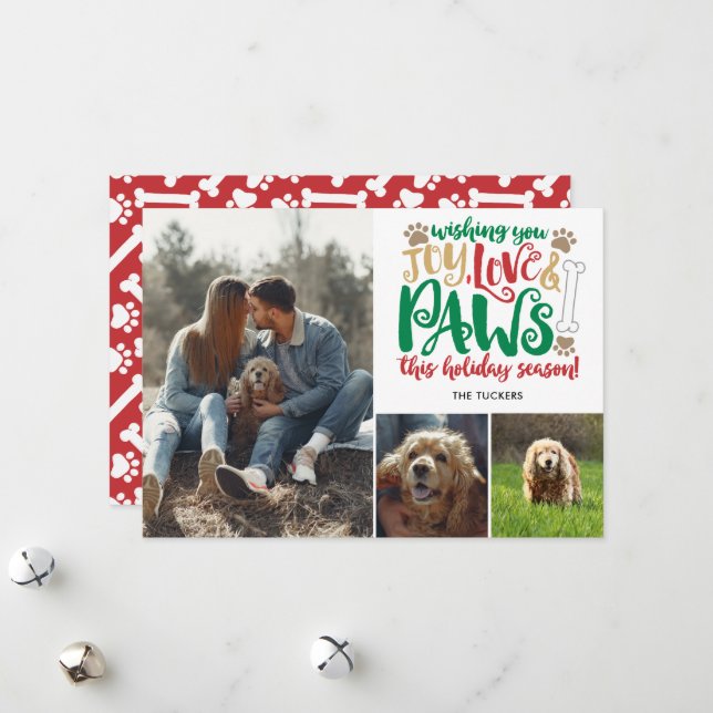 Joy Love Paws Happy Holidays Dog Red Green 3-Photo Holiday Card (Front/Back In Situ)