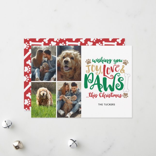 Joy Love Paws Merry Christmas Dog Red 4-Photo Holiday Card (Front/Back In Situ)