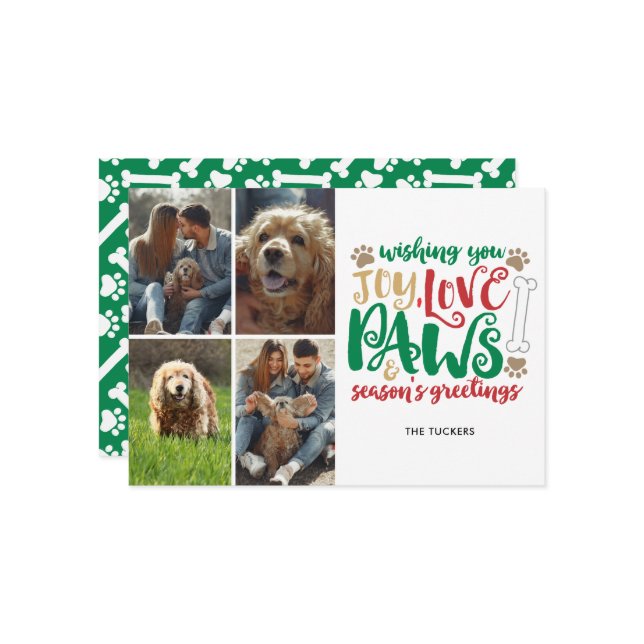 Joy Love Paws Season's Greeting Dog Green 4-Photo Holiday Card (Front/Back In Situ)