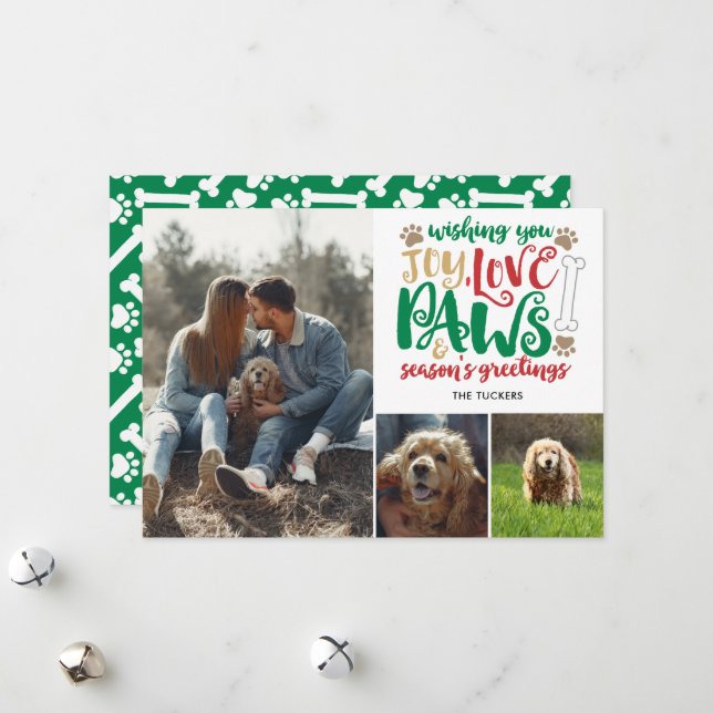 Joy Love Paws Season's Greetings Green Dog 3-Photo Holiday Card (Front/Back In Situ)