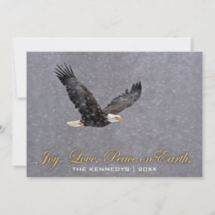 Joy Love Peace - Bald eagle flying in snowstorm Holiday Card