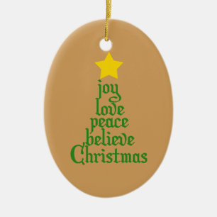 Joy, Love, Peace, Believe, Christmas Ceramic Tree Decoration