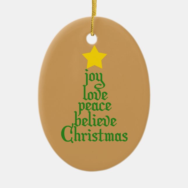 Joy, Love, Peace, Believe, Christmas Ceramic Tree Decoration (Front)