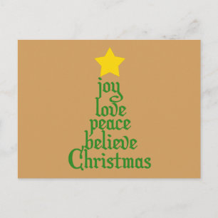 Joy, Love, Peace, Believe, Christmas Holiday Postcard