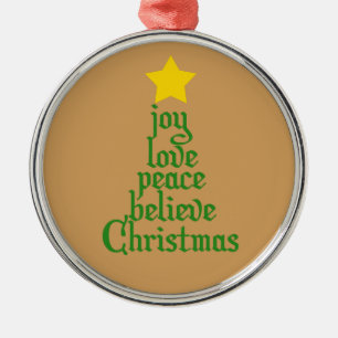 Joy, Love, Peace, Believe, Christmas Metal Tree Decoration