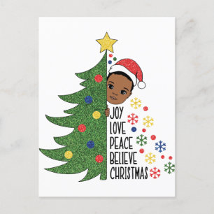 Joy love peace believe Christmas tree black boy ma Holiday Postcard