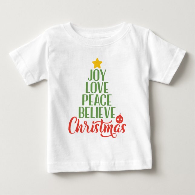 Joy, Love, Peace, Believe, Christmas Tree Coffee M Baby T-Shirt (Front)