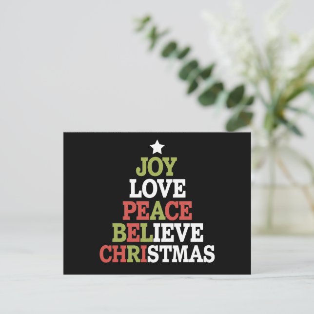 Joy Love Peace Believe Christmas Tree Family  Holiday Postcard (Standing Front)