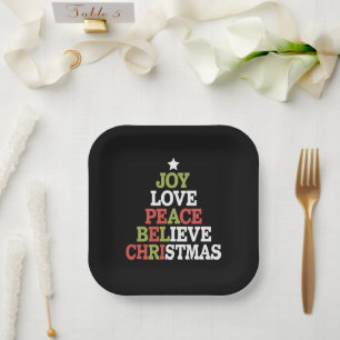 Joy Love Peace Believe Christmas Tree Family Paper Plate