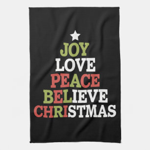 Joy Love Peace Believe Christmas Tree Family Tea Towel