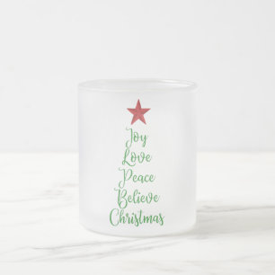 Joy Love Peace Believe Christmas Tree with Red Frosted Glass Coffee Mug