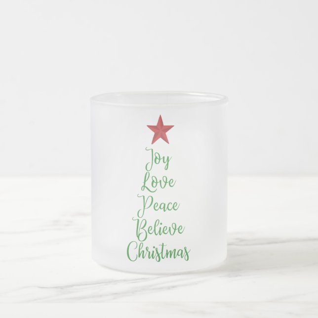 Joy Love Peace Believe Christmas Tree with Red Frosted Glass Coffee Mug (Center)