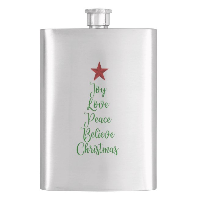 Joy Love Peace Believe Christmas Tree with Red Hip Flask (Front)