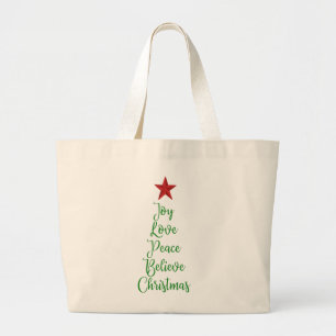 Joy Love Peace Believe Christmas Tree with Red Large Tote Bag
