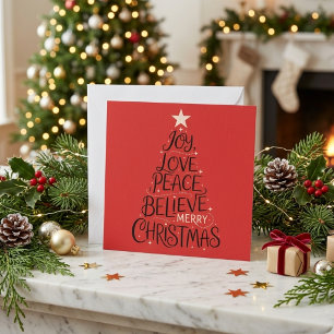 Joy Love Peace Believe Merry Christmas Tree Xmas Holiday Card
