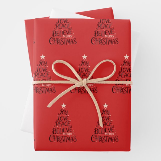 Joy Love Peace Believe Merry Christmas Tree Xmas Wrapping Paper Sheet (In situ)