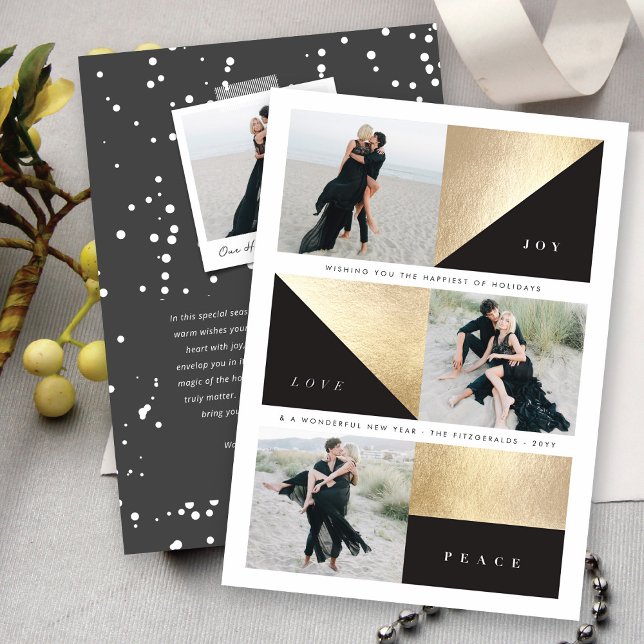 Joy Love Peace Chic Gold Blocks Holiday Photo Card (Creator Uploaded)