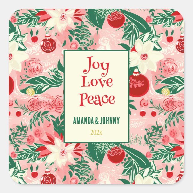 Joy Love Peace Colourful Floral Square Sticker (Front)
