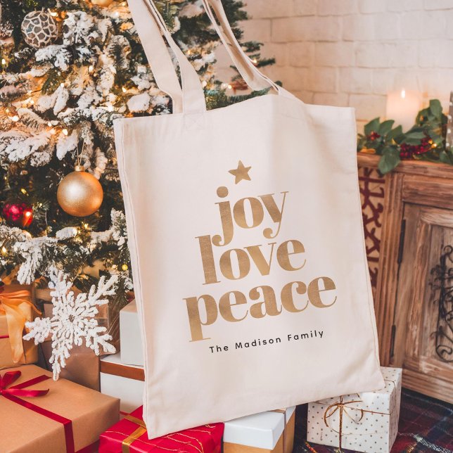 Joy Love Peace | Gold Elegant Minimalist Christmas Tote Bag (Creator Uploaded)