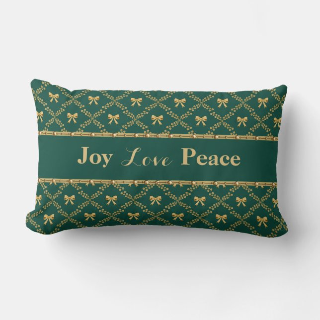 Joy Love Peace: Green & Gold Bow Throw Pillow (Front)