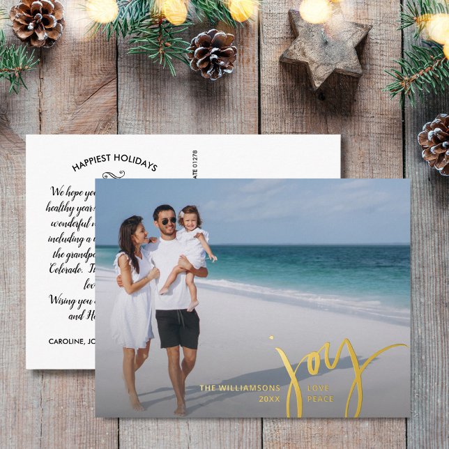 Joy Love Peace Large Photo Christmas Letter Gold Foil Holiday Postcard (Creator Uploaded)