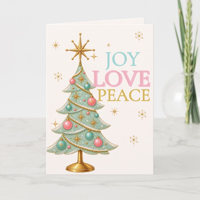 Joy Love Peace Mint Retro Christmas Tree Pastel Card (Front)