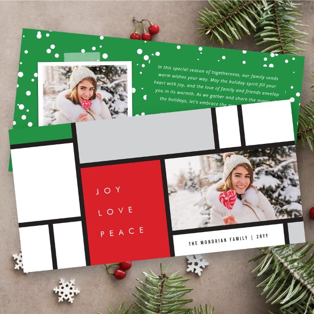Joy Love Peace Mondrian Minimalist Modern Photo Holiday Card (Creator Uploaded)