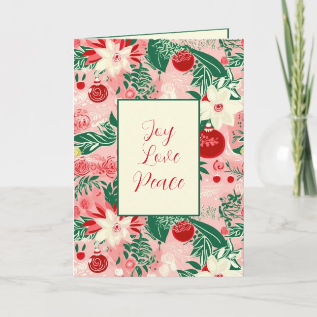 Joy Love Peace Pink Red Floral Christmas Card (Front)