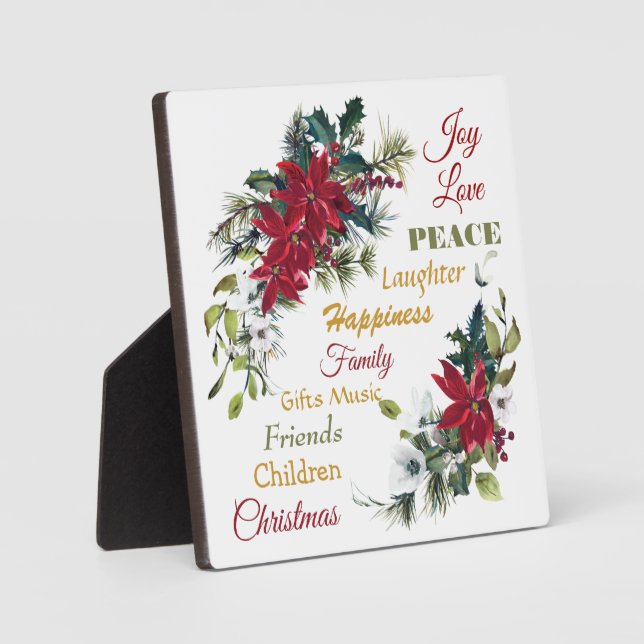 Joy Love Peace Poinsettia Christmas Plaque (Front)