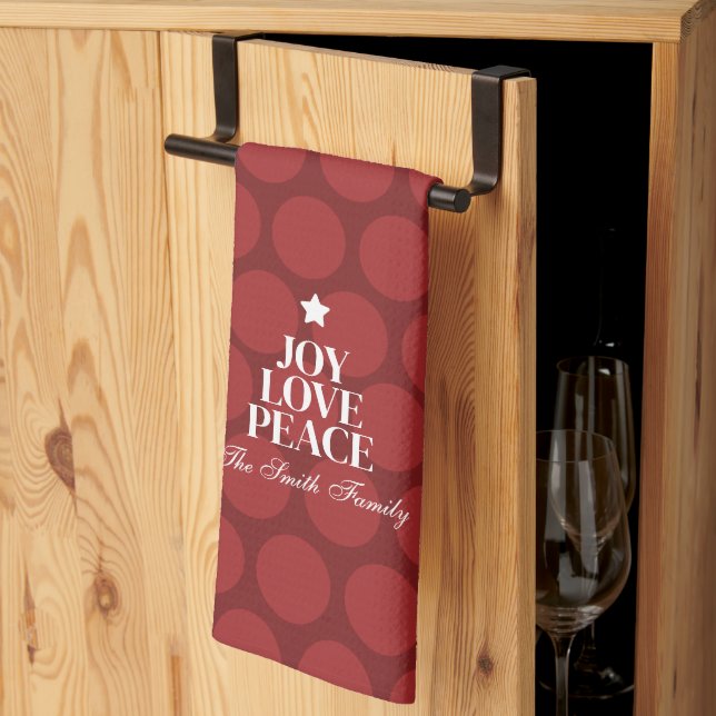 Joy Love Peace Round Dots Red Pattern Christmas Tea Towel (Thirds Fold)