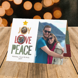 Joy Love Peace Rustic 3-Photo Christmas Tree Holiday Card