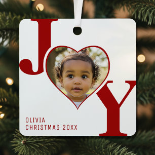 Joy Merry Christmas Heart Photo White & Red Metal Tree Decoration