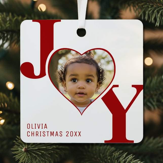 Joy Merry Christmas Heart Photo White & Red Metal Tree Decoration (Joy Merry Christmas Heart Photo White & Red Metal Ornament
)