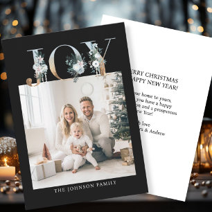 JOY-Merry Christmas! Modern, black-gold, photo Holiday Card