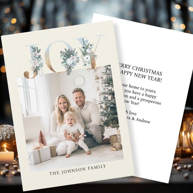 JOY-Merry Christmas!   Modern, simple photo  Holiday Card (Customer specific "Joy-Merry Christmas" beige-gold, photo holiday card. )