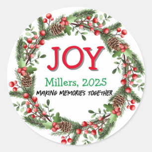 Joy Merry Christmas Wreath Family Name Red Xmas Classic Round Sticker
