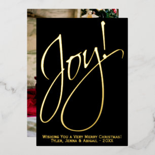 Joy! Minimalist Gold & Black Photo Back Christmas