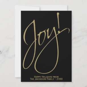 Joy! Minimalist Gold on Black Modern Script Holiday Card