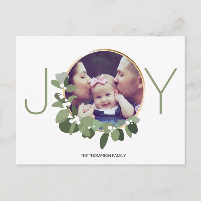 Joy Minimalist Wreath family Christmas Photo Postcard (Front)