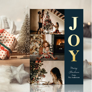 Joy Modern Blue Gold Christmas 3 Photo Collage