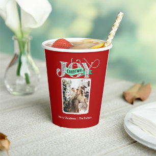 JOY Modern Bold Script Minimalist Photo Christmas  Paper Cups