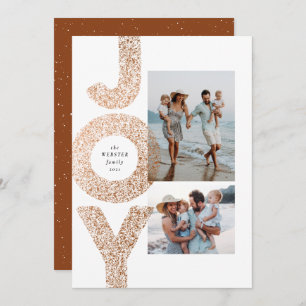 Joy modern bronze speckle two photo Christmas Holiday Card