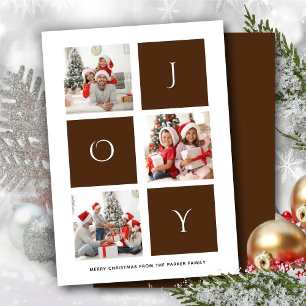 JOY Modern Brown Fun Script Photo Collage Simple Holiday Card