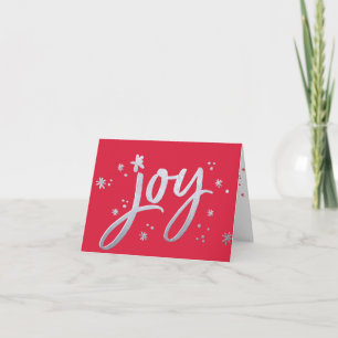 JOY modern corporate holiday red silver sparkles Card