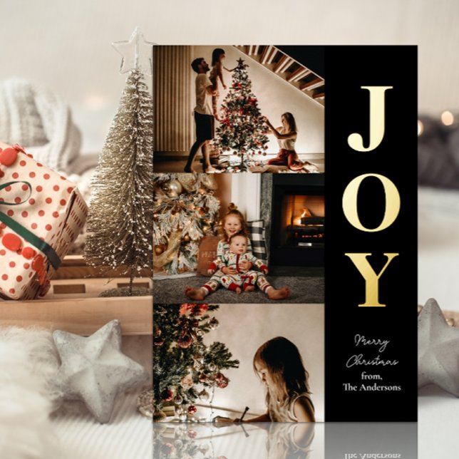 Joy Modern Gold Black Christmas 3 Photo Collage (Creator Uploaded)