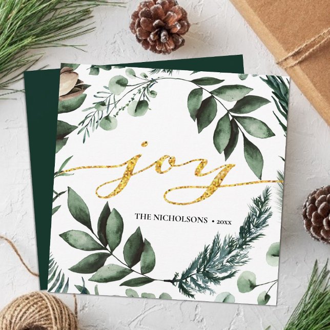 JOY Modern Gold Script Magnolia Floral Pine Bough Holiday Card (Creator Uploaded)