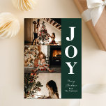 Joy Modern Green Christmas 3 Photo Collage Holiday Card<br><div class="desc">Joy Modern Green Christmas 3 Photo Collage Holiday Card. Send customisable and personalised holiday greetings to friends,  colleagues and family in simple,  chic,  elegant and modern photo design festive,  natural minimalist style cards! Below the calligraphy features your custom greeting message in modern typography.</div>
