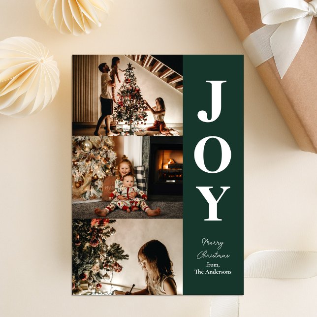 Joy Modern Green Christmas 3 Photo Collage Holiday Card (Creator Uploaded)